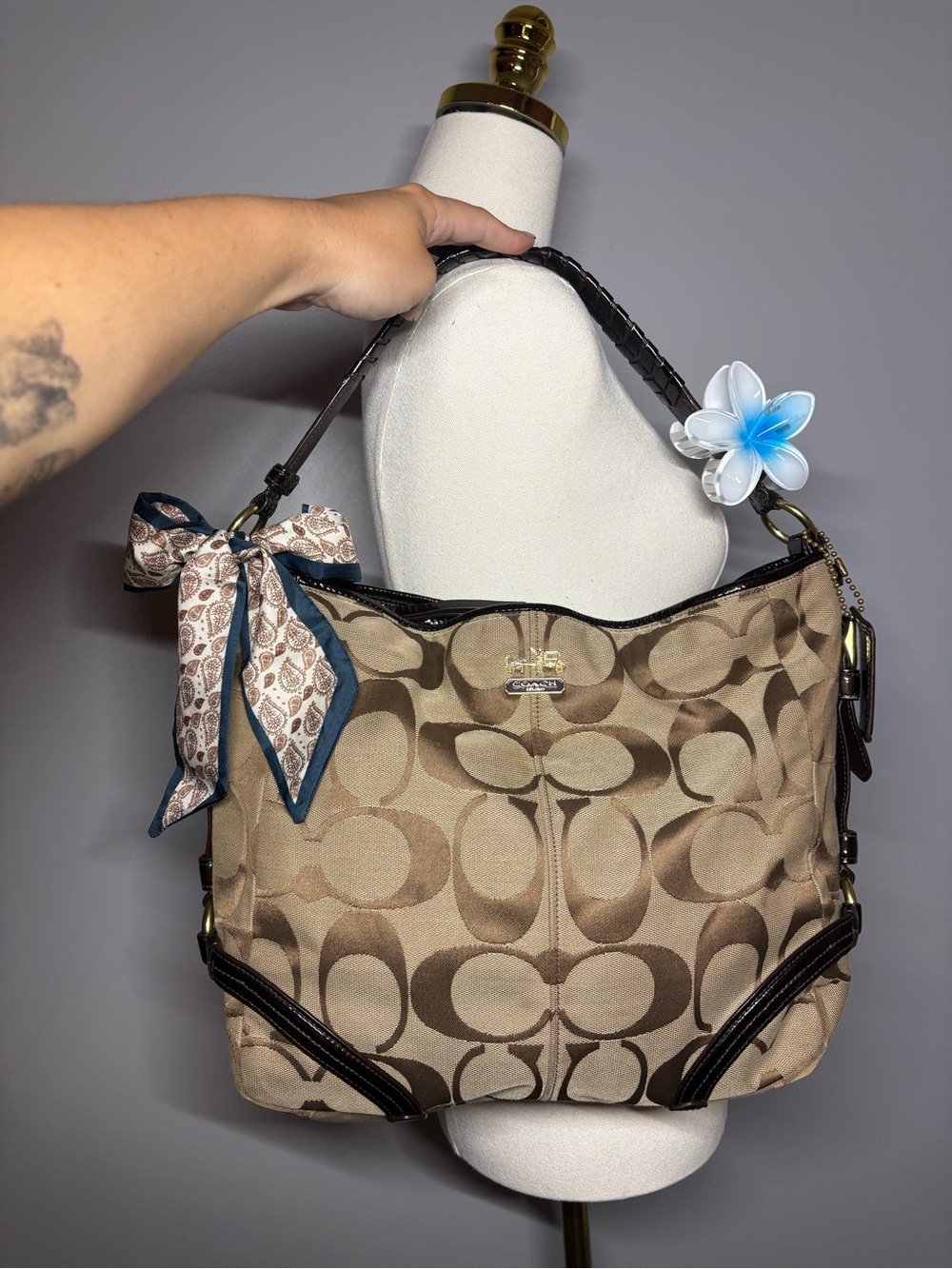 Coach Chelsea Signature Katarina Tan Canvas Hobo Bag with Dark Brown Trim